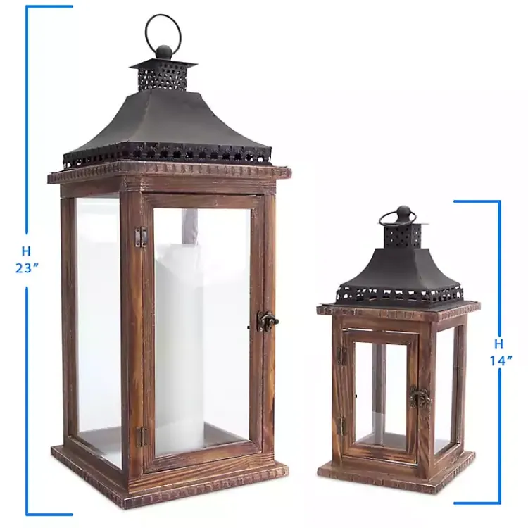 Lanterns>Kirklands Home Black Metal Top Wood Lanterns, Set of 2