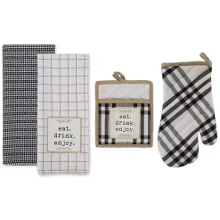 Kirklands Home Black Plaid Eat Drink Enjoy 4-pc. Dish Towel Set New
