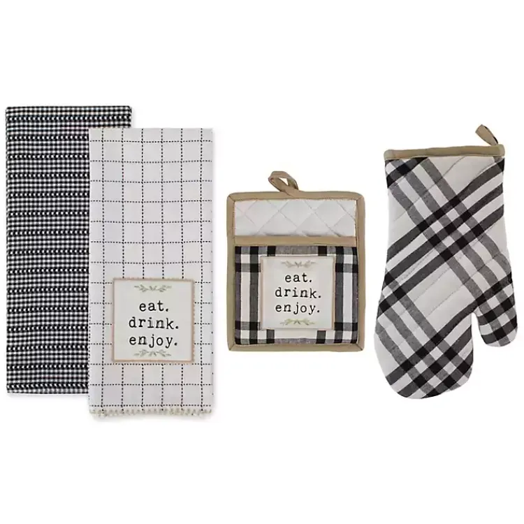 Kirklands Home Black Plaid Eat Drink Enjoy 4-pc. Dish Towel Set New