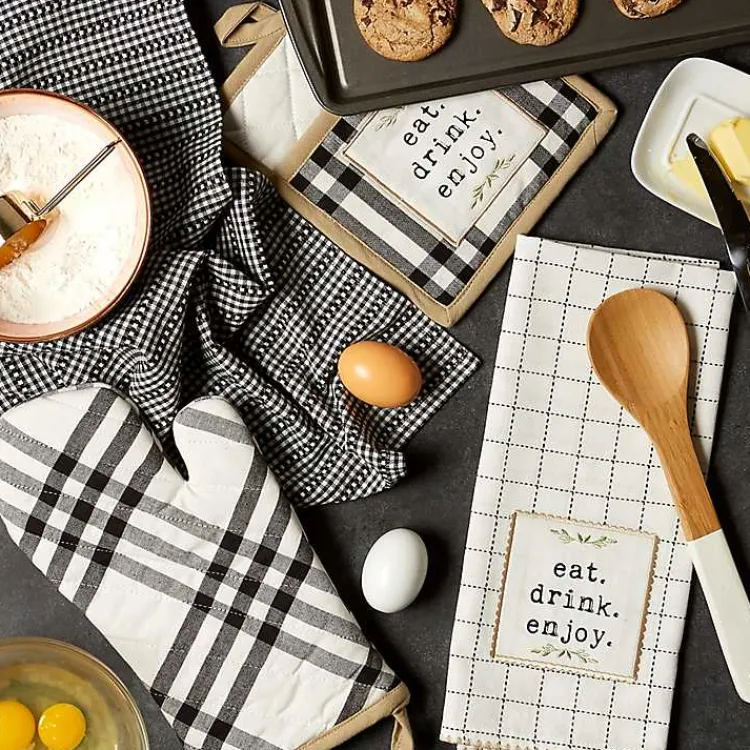 Kirklands Home Black Plaid Eat Drink Enjoy 4-pc. Dish Towel Set New