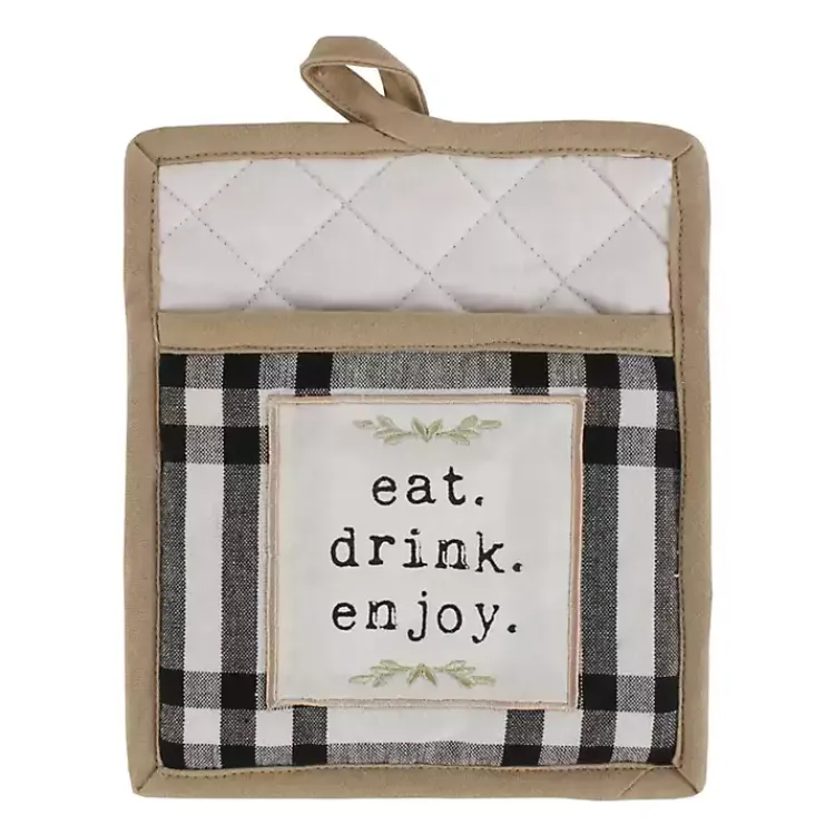 Kirklands Home Black Plaid Eat Drink Enjoy 4-pc. Dish Towel Set New