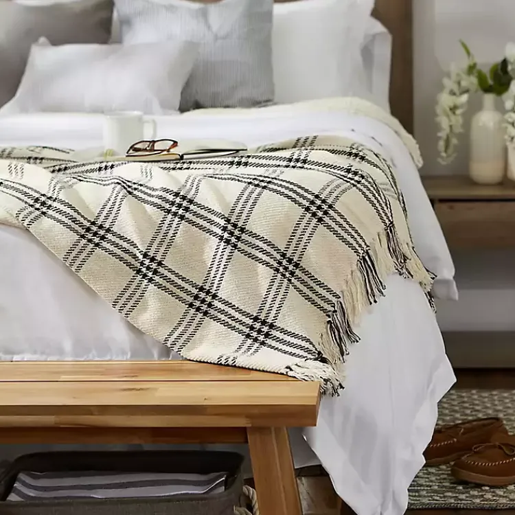 Blankets & Throws>Kirklands Home Plaid Fringe Throw Black