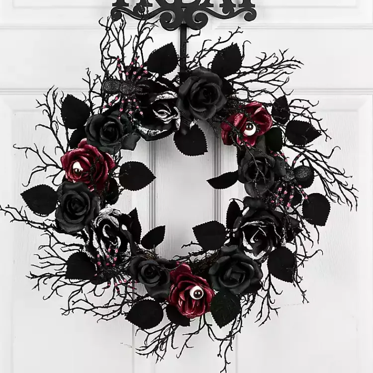Halloween>Kirklands Home Black Rose Halloween Wreath