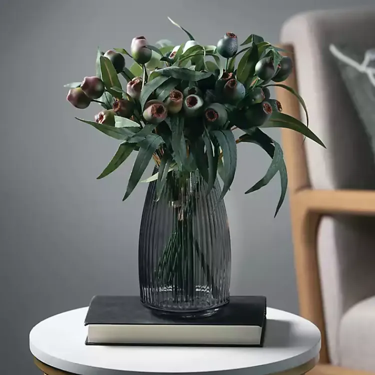 Vases>Kirklands Home Round Ribbed Glass Vase Black