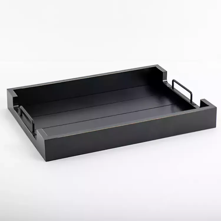 Decorative Trays>Kirklands Home Slatted Wood & Metal Handles Tray Black
