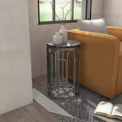 Kirklands Home Stone and Metal Geometric Accent Table Black New