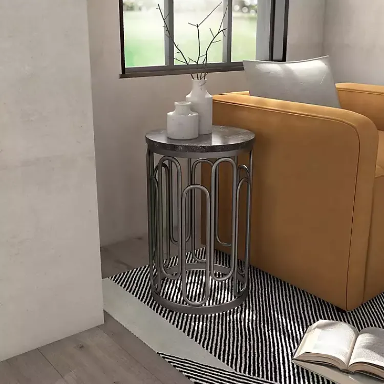 Kirklands Home Stone and Metal Geometric Accent Table Black New