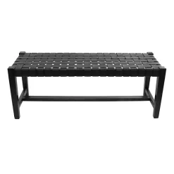 Kirklands Home Teak Wood and Leather Bench Black Outlet