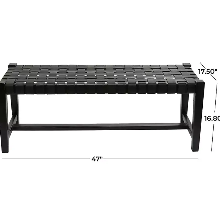 Kirklands Home Teak Wood and Leather Bench Black Outlet