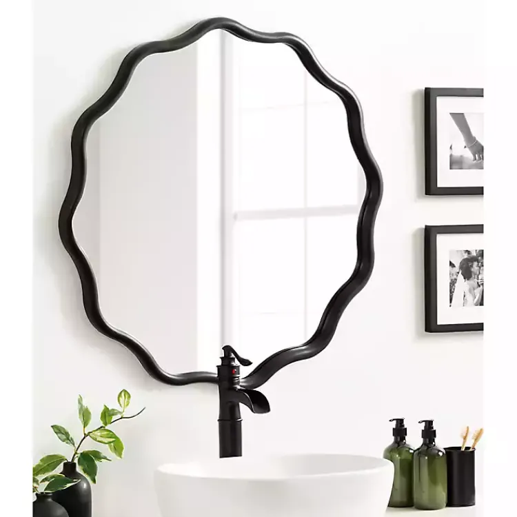 Kirklands Home Wavy Scallop Round Wall Mirror Black New