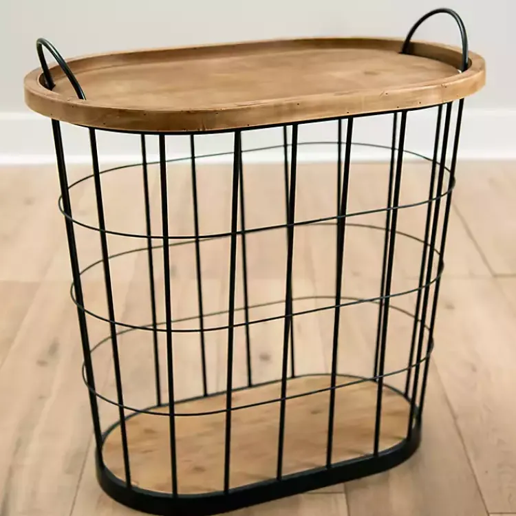 Kirklands Home Wire and Natural Wood Basket Side Table Black Outlet