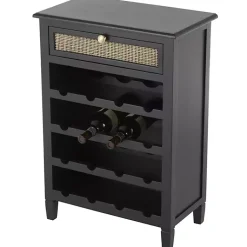 Kirklands Home Wood & Natural Rattan Wine Bottle Cabinet Black