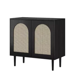 Kirklands Home Wood and Arched Rattan 2-Door Cabinet Black Clearance