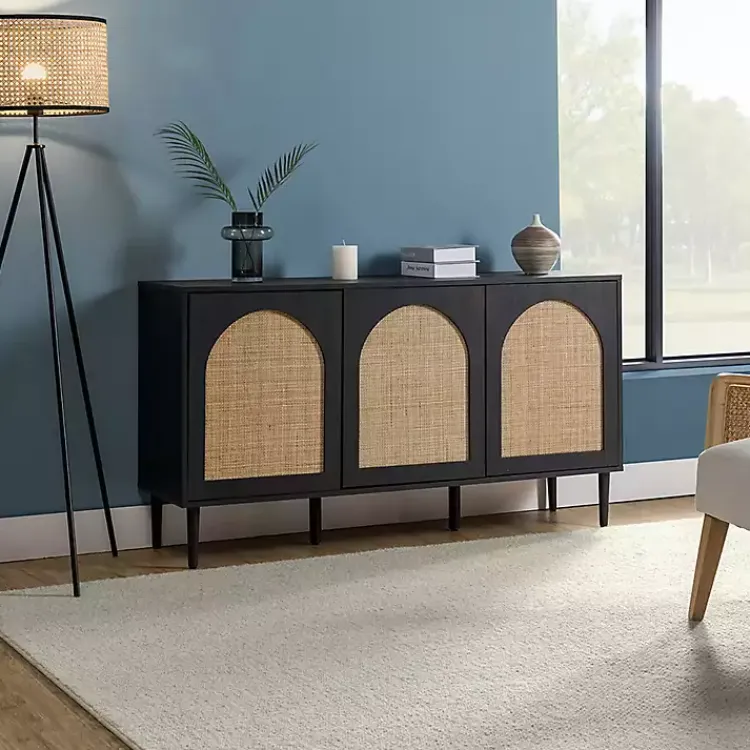 Kirklands Home Black Wood and Cane Arched Sideboard Cabinet Hot
