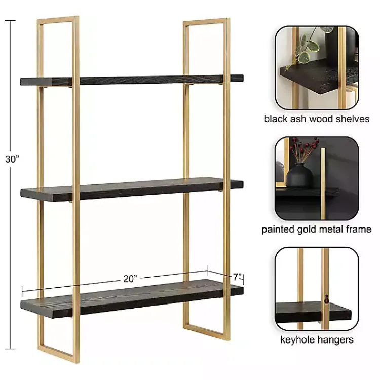 Kirklands Home Black Wood and Gold Metal Leigh Wall Shelf Hot