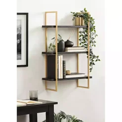 Kirklands Home Black Wood and Gold Metal Leigh Wall Shelf Hot
