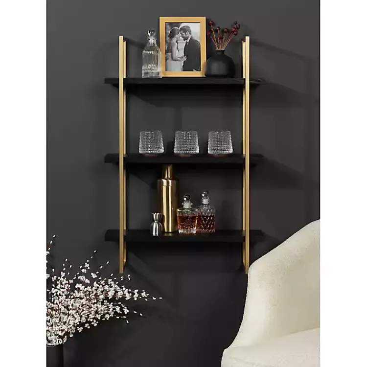 Kirklands Home Black Wood and Gold Metal Leigh Wall Shelf Hot