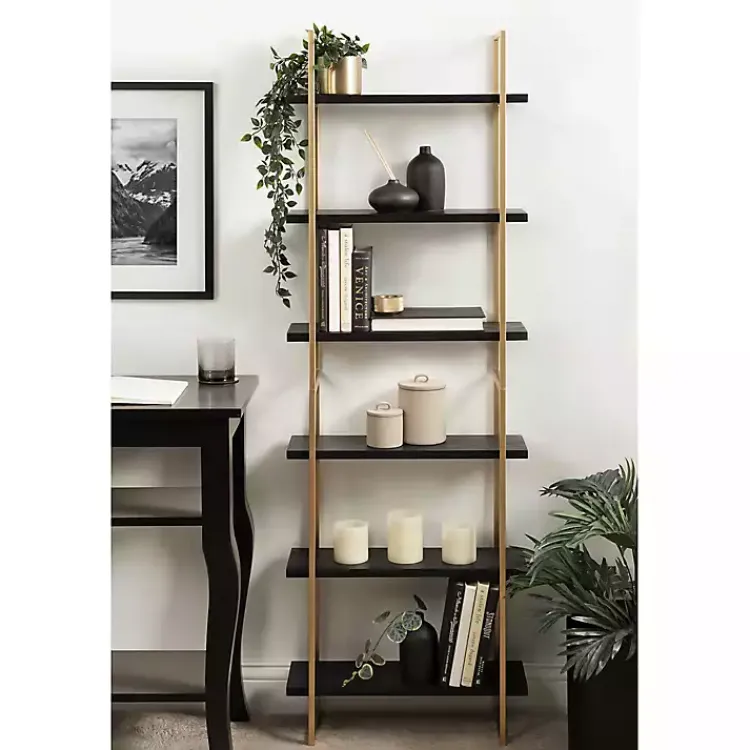 Kirklands Home Black Wood and Gold Metal Leigh Wall Shelf Hot