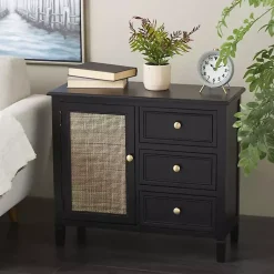 Kirklands Home Wood and Natural Rattan Cabinet Black Sale