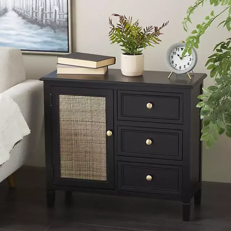 Kirklands Home Wood and Natural Rattan Cabinet Black Sale