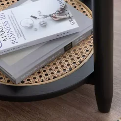Kirklands Home Wood and Rattan Boho Accent Table Black Clearance