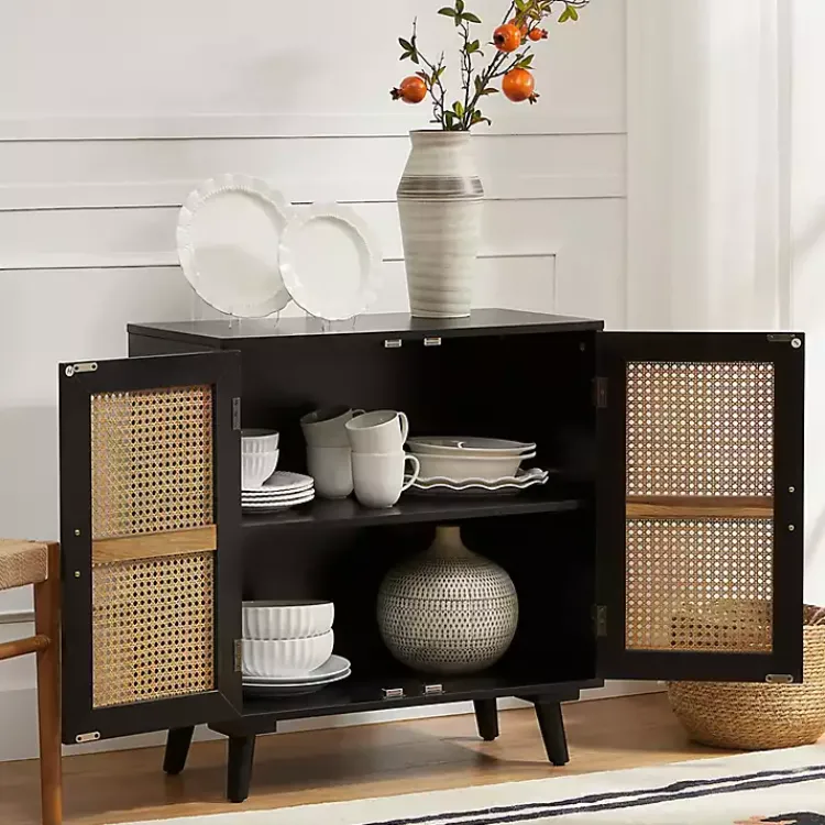 Kirklands Home Wood and Rattan Carpinteria Cabinet Black