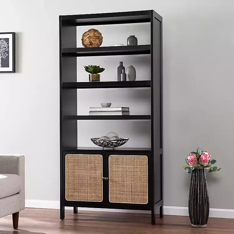 Kirklands Home Wood Cane Doors Bookshelf Black Hot