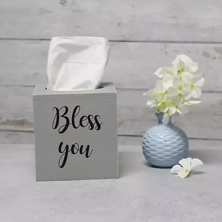 Kirklands Home Bless You Wood Tissue Box Cover Gray