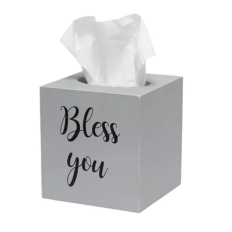 Kirklands Home Bless You Wood Tissue Box Cover Gray