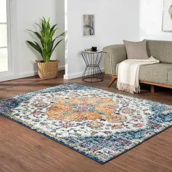 Kirklands Home Blue & Orange Boho Medallion Area Rug, 6x9 Hot