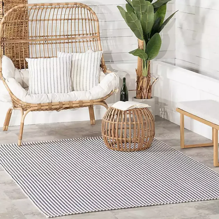 Kirklands Home Blue & White Pinstripe Indoor/Outdoor Rug, 5x8 New