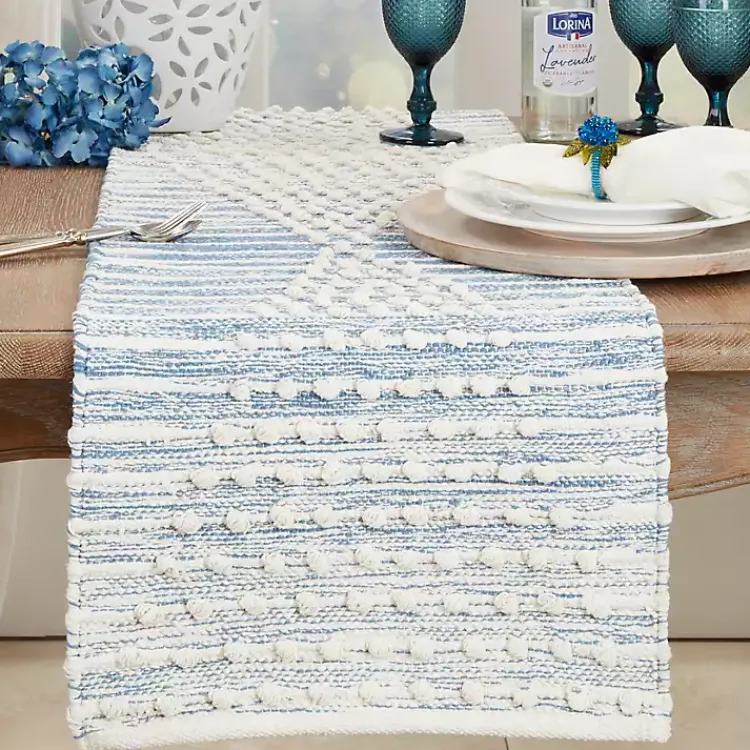 Kirklands Home and Cream Textured Diamonds Table Runner Blue New