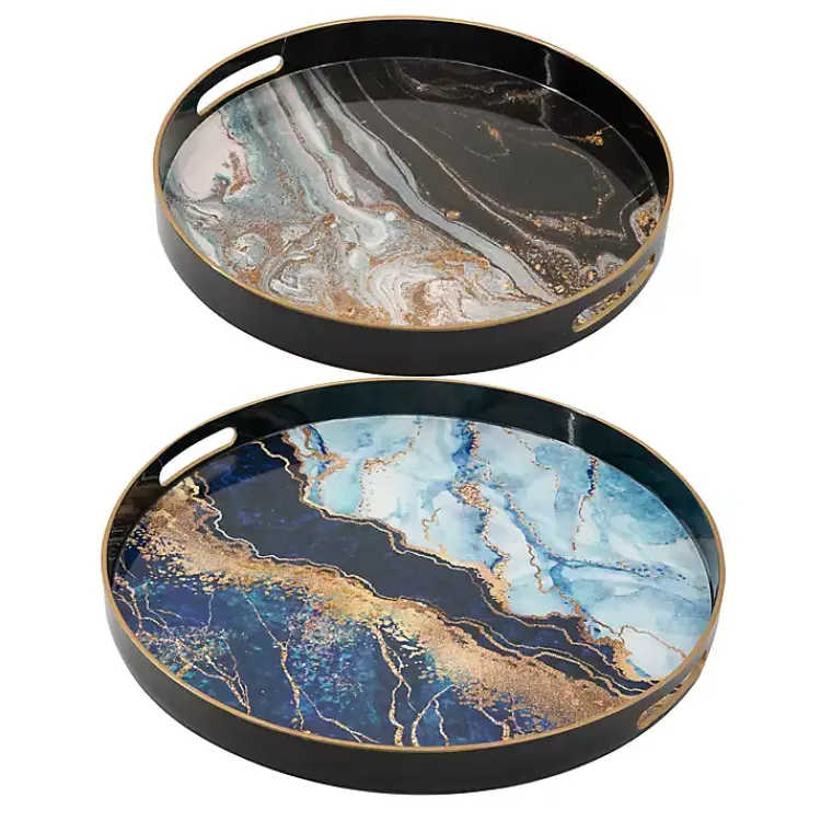 Decorative Trays>Kirklands Home Blue and Gray Round Abstract Trays, Set of 2