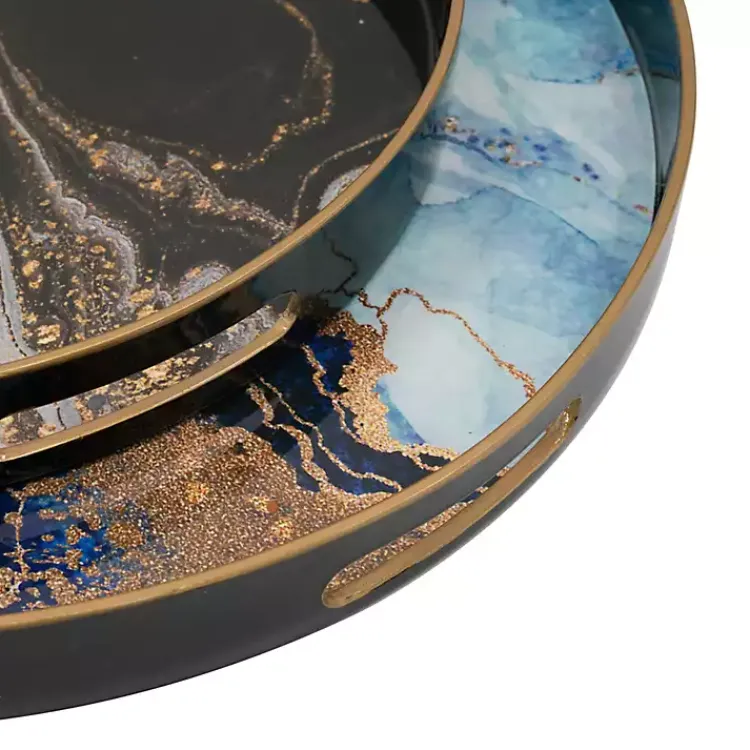 Decorative Trays>Kirklands Home Blue and Gray Round Abstract Trays, Set of 2