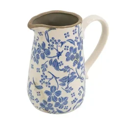 Vases>Kirklands Home Blue and Ivory Floral Ceramic Pitcher Vase