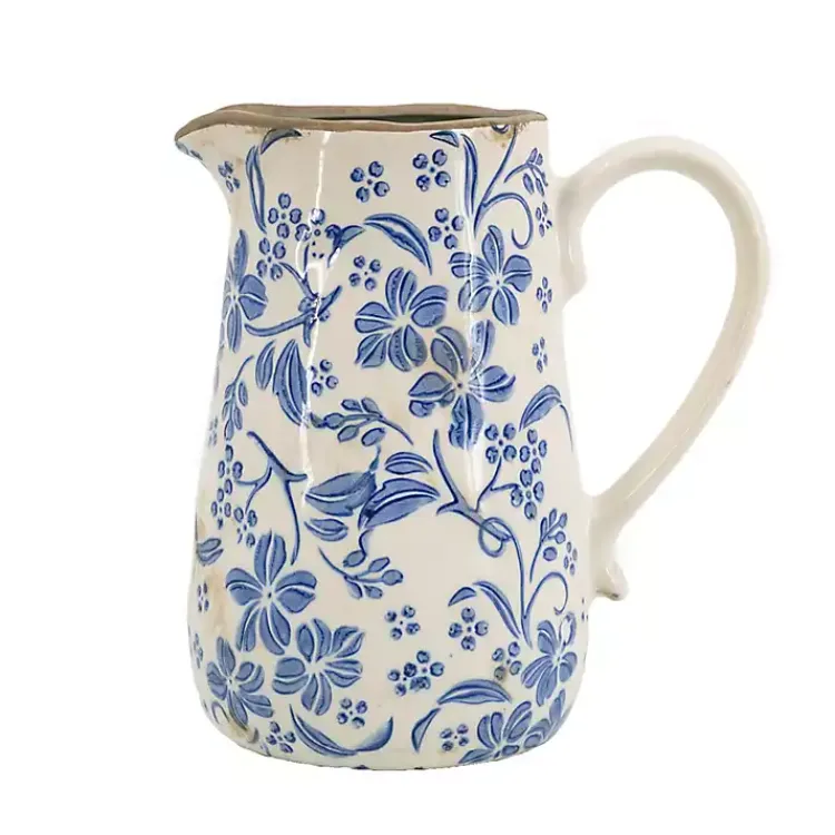 Vases>Kirklands Home Blue and Ivory Floral Ceramic Pitcher Vase