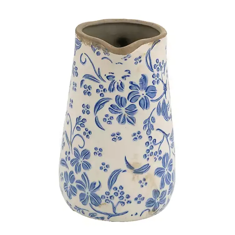 Vases>Kirklands Home Blue and Ivory Floral Ceramic Pitcher Vase