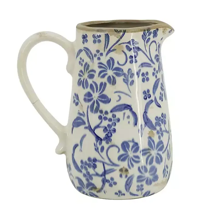Vases>Kirklands Home Blue and Ivory Floral Ceramic Pitcher Vase