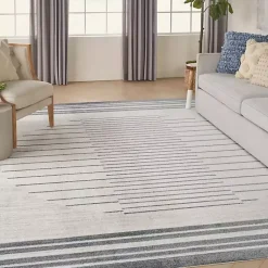 Kirklands Home Blue and Ivory Striped Moon Area Rug, 9x12 Clearance
