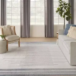 Kirklands Home Blue and Ivory Striped Moon Area Rug, 9x12 Clearance