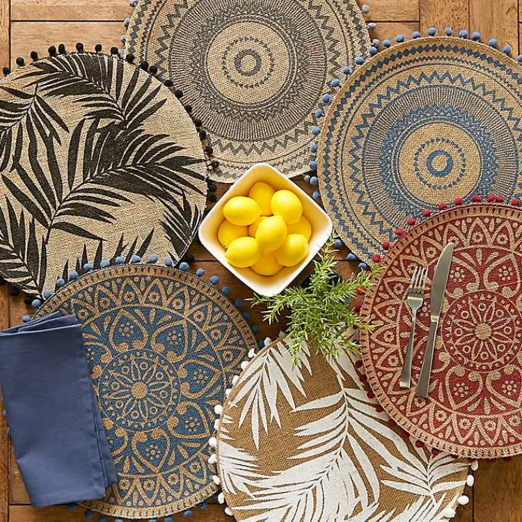 Kirklands Home Blue and Natural Print Round Placemats, Set of 6 Outlet