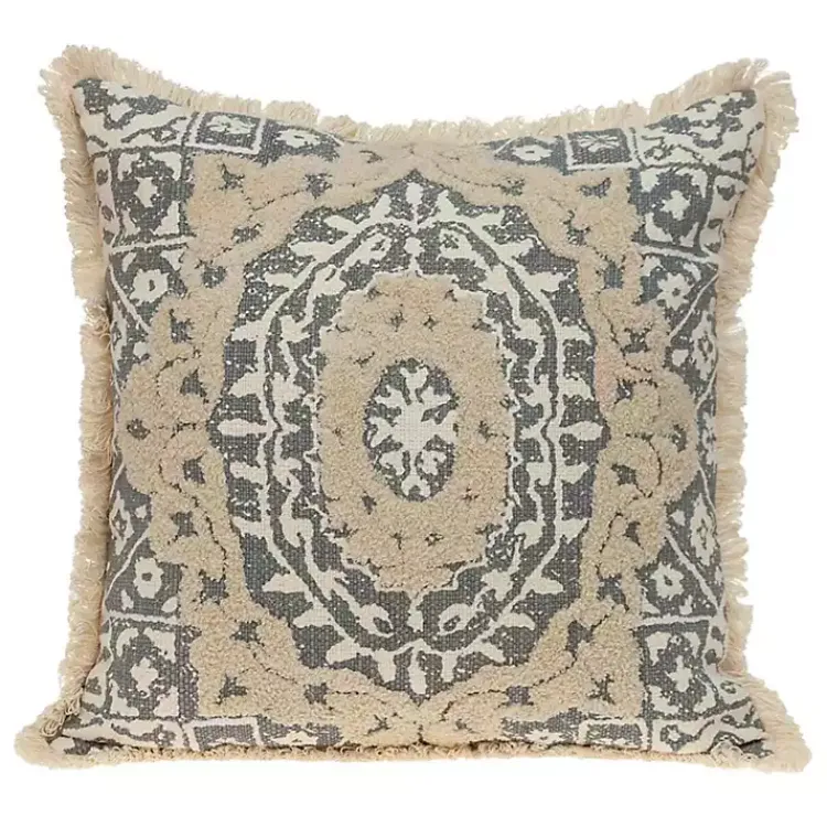 Pillows>Kirklands Home Blue and Tan Medallion Fringe Pillow