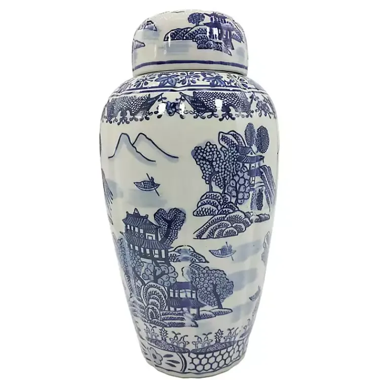 Decorative Bowls & Jars>Kirklands Home Blue and White Ceramic Chinoiserie Jar