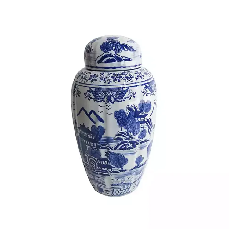 Decorative Bowls & Jars>Kirklands Home Blue and White Ceramic Chinoiserie Jar