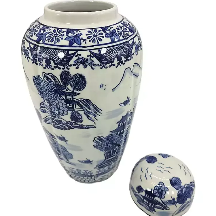 Decorative Bowls & Jars>Kirklands Home Blue and White Ceramic Chinoiserie Jar