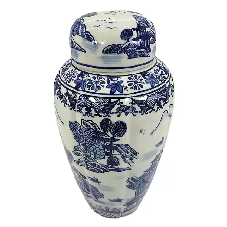 Decorative Bowls & Jars>Kirklands Home Blue and White Ceramic Chinoiserie Jar