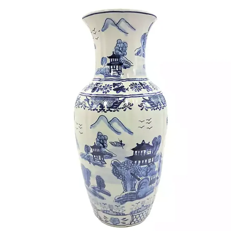 Vases>Kirklands Home Blue and White Ceramic Chinoiserie Vase