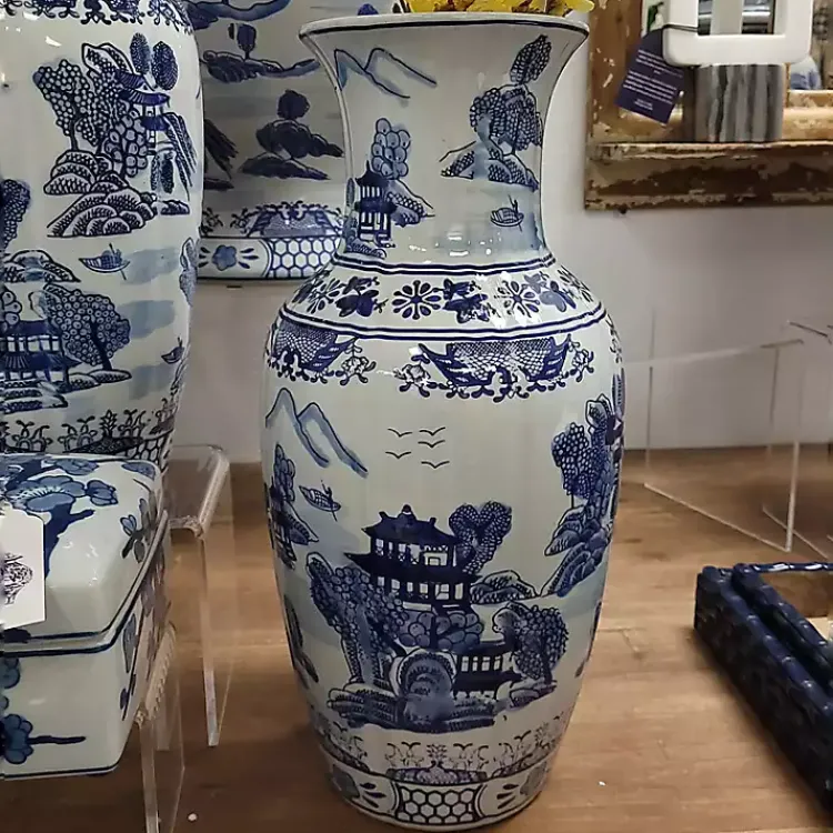Vases>Kirklands Home Blue and White Ceramic Chinoiserie Vase
