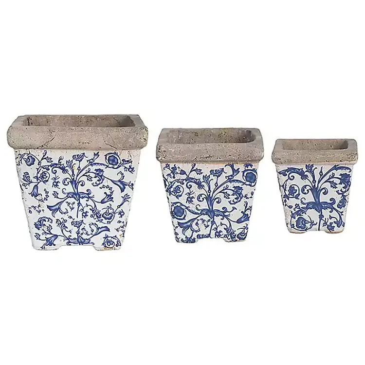 Kirklands Home Blue and White Ceramic Flower Pots, Set of 3 Outlet