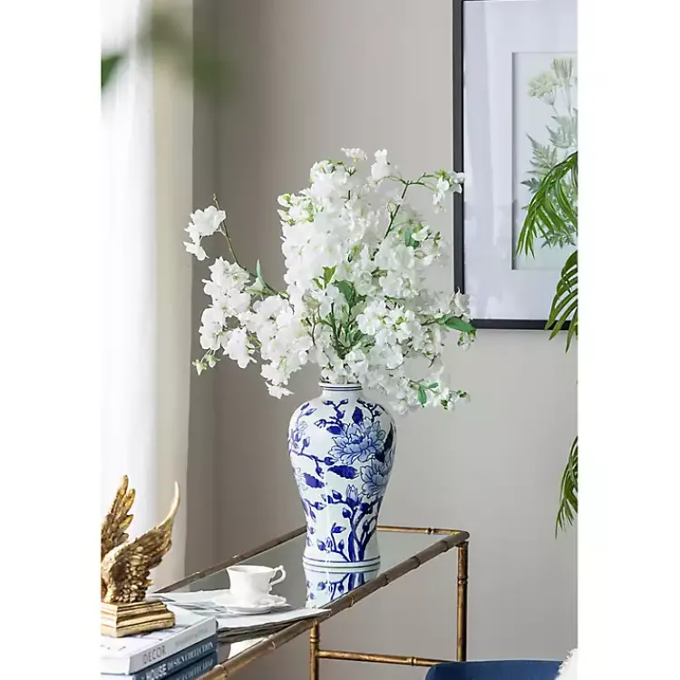 Vases>Kirklands Home Blue and White Floral Curved Porcelain Vase